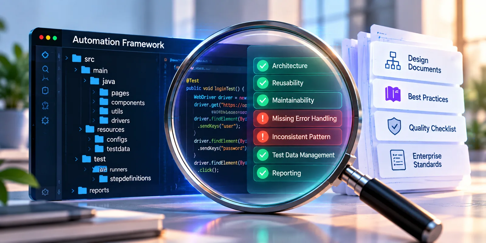 Automation framework inspected against architecture, maintainability, best practices and quality criteria