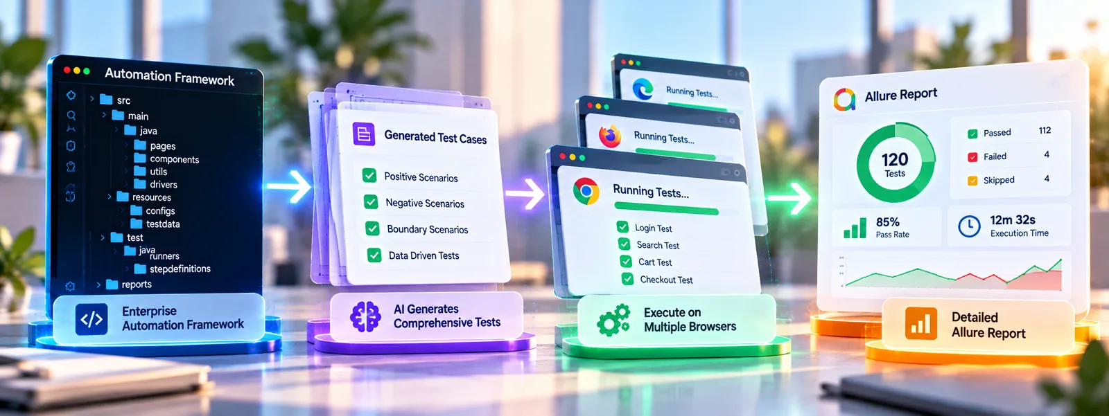 Automation framework progressing through generated tests, browser execution and Allure reporting