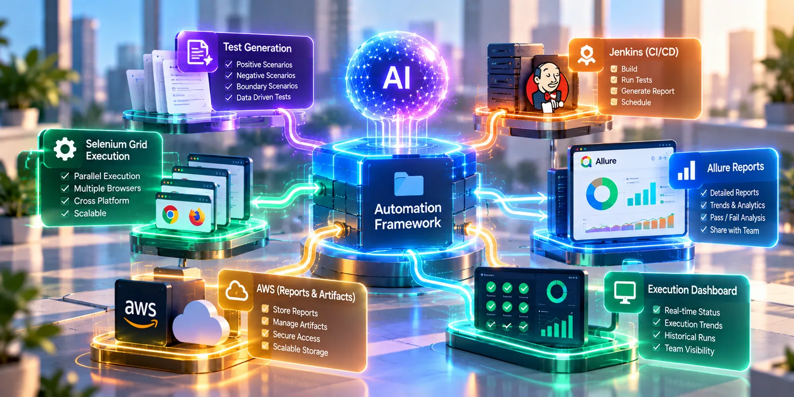 Enterprise automation framework connected to test generation, Selenium Grid, Jenkins, AWS reports and execution dashboard